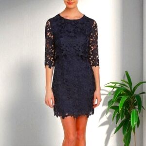 Cynthia Steffe Navy Blue lace Sheath Party Dress Crew Neck and 3/4 Sleeves Sz 6